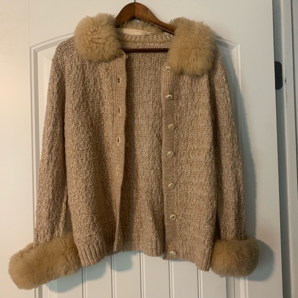 Vintage fur sweater with ivory flower buttons